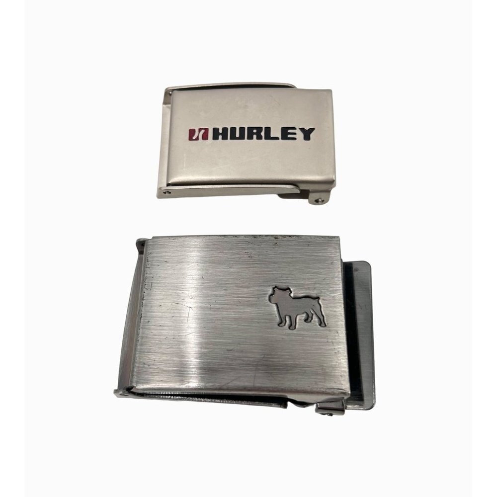LOT OF 2 RATCHET SILVER METAL BELT BUCKLES HURLEY, DOG